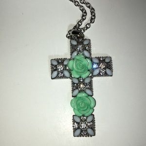 5/$25 vintage silvertone cross 19” white cabochons, Rhinestones, & mint roses